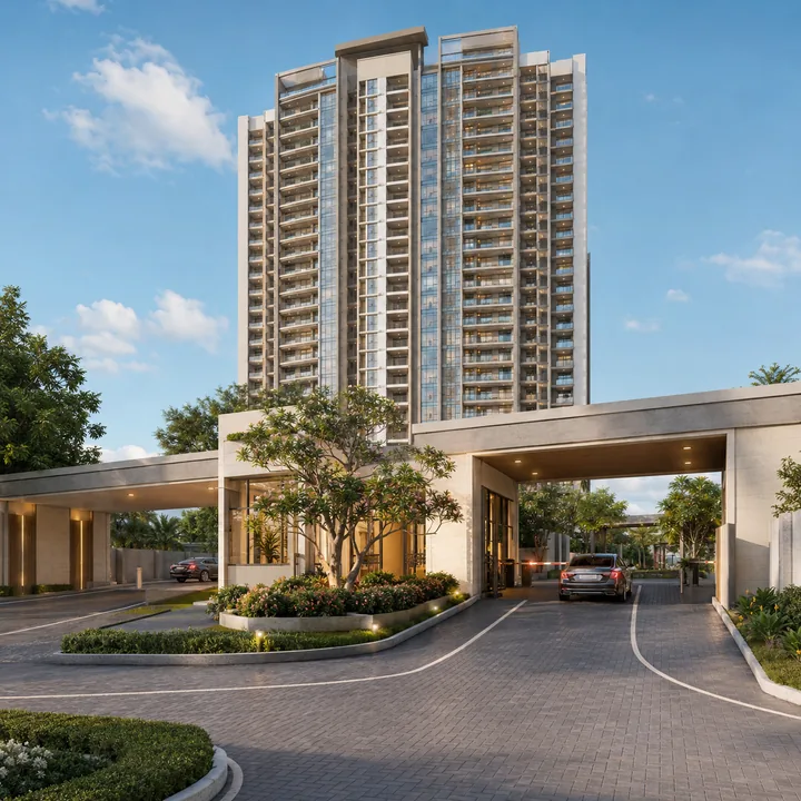 Prestige Attibele tower exterior at the gated arrival court Prestige Attibele tower exterior at the gated arrival court
